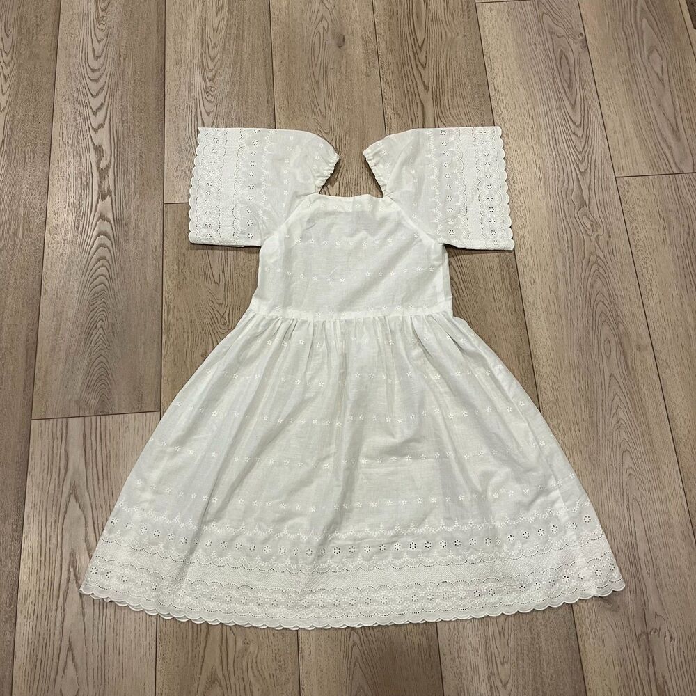 Woman's White Handmade Square Neck Dress With Floral Accents